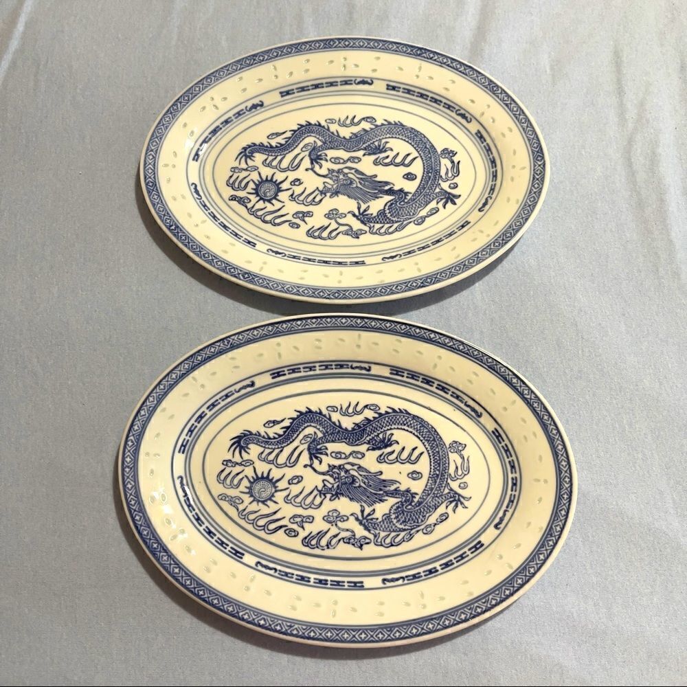 Set of 2 Chinese Dragon Print Oval Small Platters